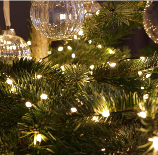 close-up-of-our-tree 800 Warm White Twinkling LED String Lights on Green Wire. Plug in Fairy Lights.