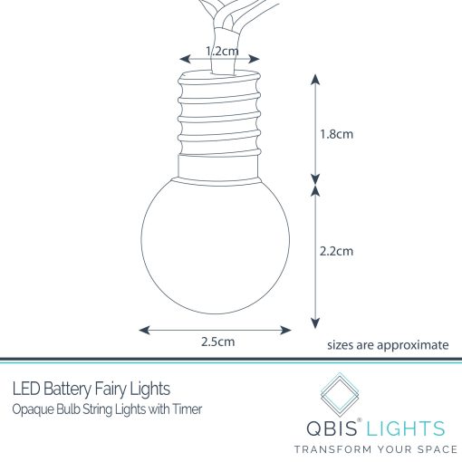 opaque-bulb-drawing-dimensions Indoor/Outdoor mini opaque festoon lights with 16 Warm White LEDs on Clear Cable. Battery powered fairy lights with timer