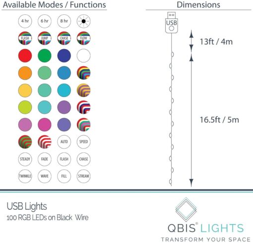 100 Colour Changing micro lights on black wire with USB Plug, Remote Control, Timer, Multi Function & Dimmable